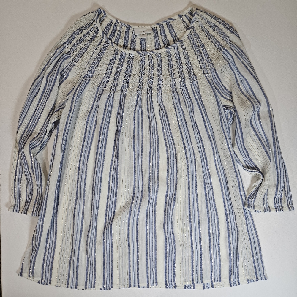 J. Jill Peasant Top Womens Medium‎ Blue White Stripe Gold Sparkle Honeycomb Neck